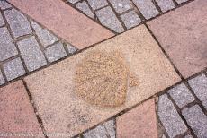 Routes of Santiago de Compostela in Spain - Route of Santiago de Compostela in Spain: A symbol of the Camino de Santiago, the Way of St. James, near Burgos Cathedral. Medieval... Routes of Santiago de Compostela in Spain - Route of Santiago de Compostela in Spain: A symbol of the Camino de Santiago, the Way of St. James, near Burgos Cathedral. Medieval...