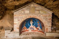 Monasteries of Meteora - Meteora: A tiny chapel nearby the entrance to the Megalo Meteoro Monastery. The chapel was carved out of the rock. The Megalo Meteoro...