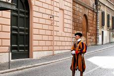 Vatican City - Vatican: A Swiss Guard in his traditional uniform. The Swiss Guard is responsible for the safety of the Pope, but it also serves as a...