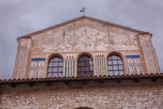 Euphrasian Basilica in Poreč - The Euphrasian Basilica in Poreč viewed from the atrium. The façade of the basilica is decorated with Byzantine... Euphrasian Basilica in Poreč - The Euphrasian Basilica in Poreč viewed from the atrium. The façade of the basilica is decorated with Byzantine...