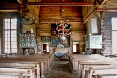 Petäjävesi Old Church - Direct opposite the impressive pulpit stands the much simpler raised bench for the precentor. The altar is made entirely of pine. Above it hangs... Petäjävesi Old Church - Direct opposite the impressive pulpit stands the much simpler raised bench for the precentor. The altar is made entirely of pine. Above it hangs...