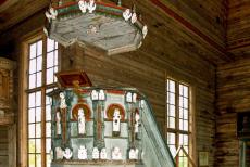 Petäjävesi Old Church - This unique pulpit of Petäjävesi Old Church was carved entirely by hand in 1764 by master builder Jaakko Leppänen. It rests on a... Petäjävesi Old Church - This unique pulpit of Petäjävesi Old Church was carved entirely by hand in 1764 by master builder Jaakko Leppänen. It rests on a...